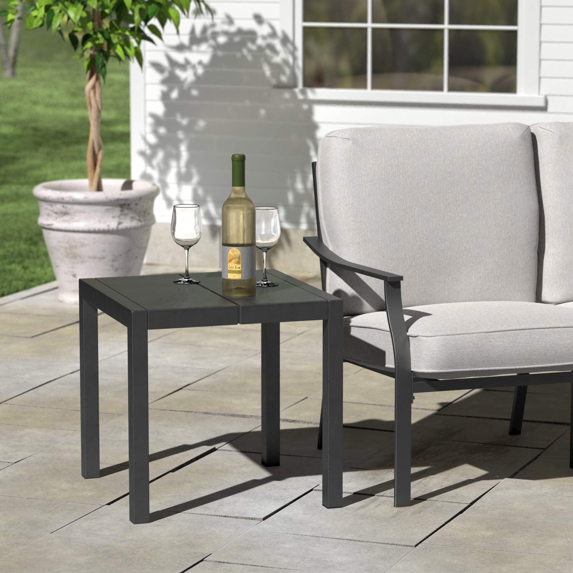 Ravenna Home Archer Outdoor Patio Steel Side Table with Panel Top, 20"W, Gray — side table beside outdoor chair; chair sold separately.