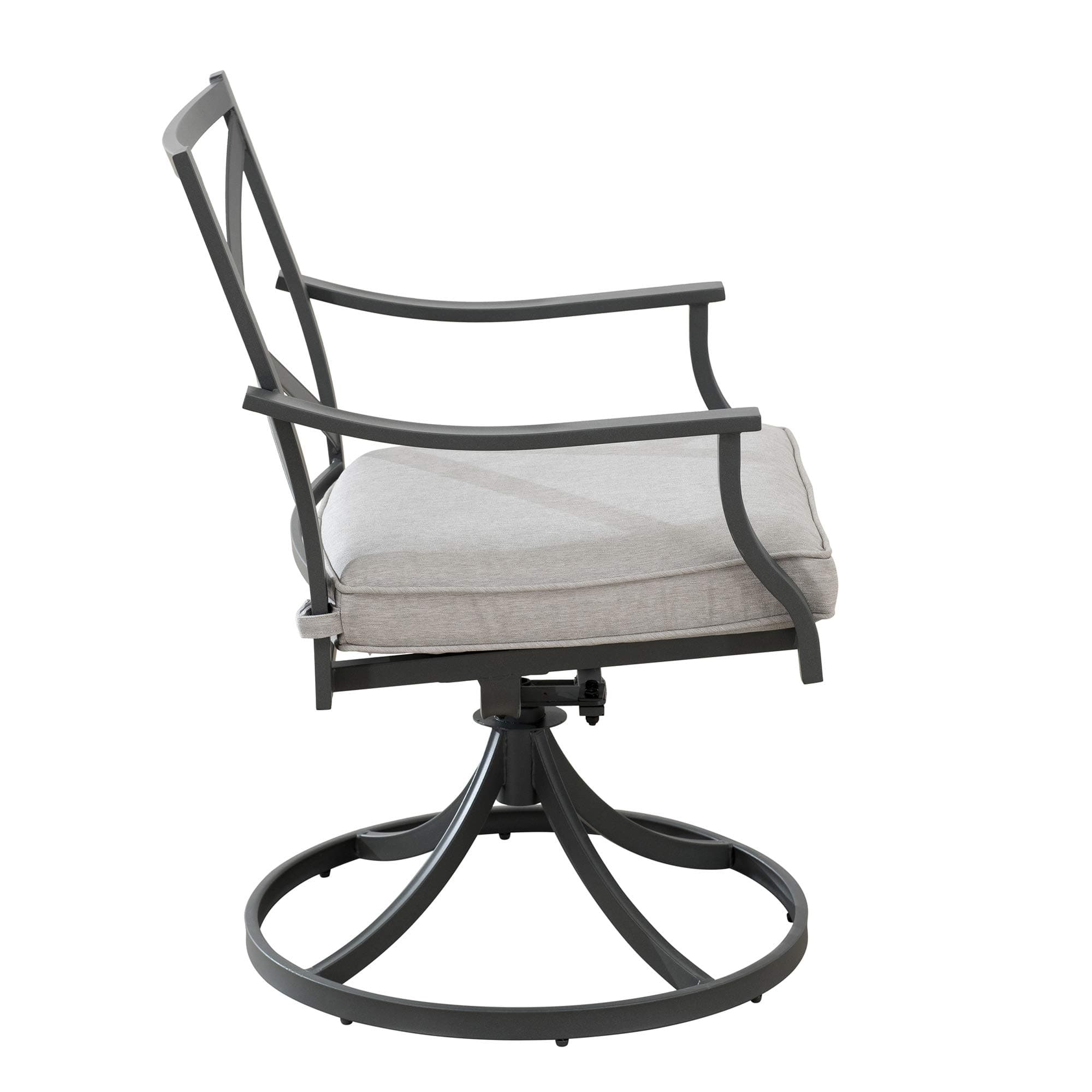 Ravenna Home Archer Steel-Framed Outdoor Patio Swivel Dining Chairs, Set of 2, 35"H, Gray — single swivel chair in profile.