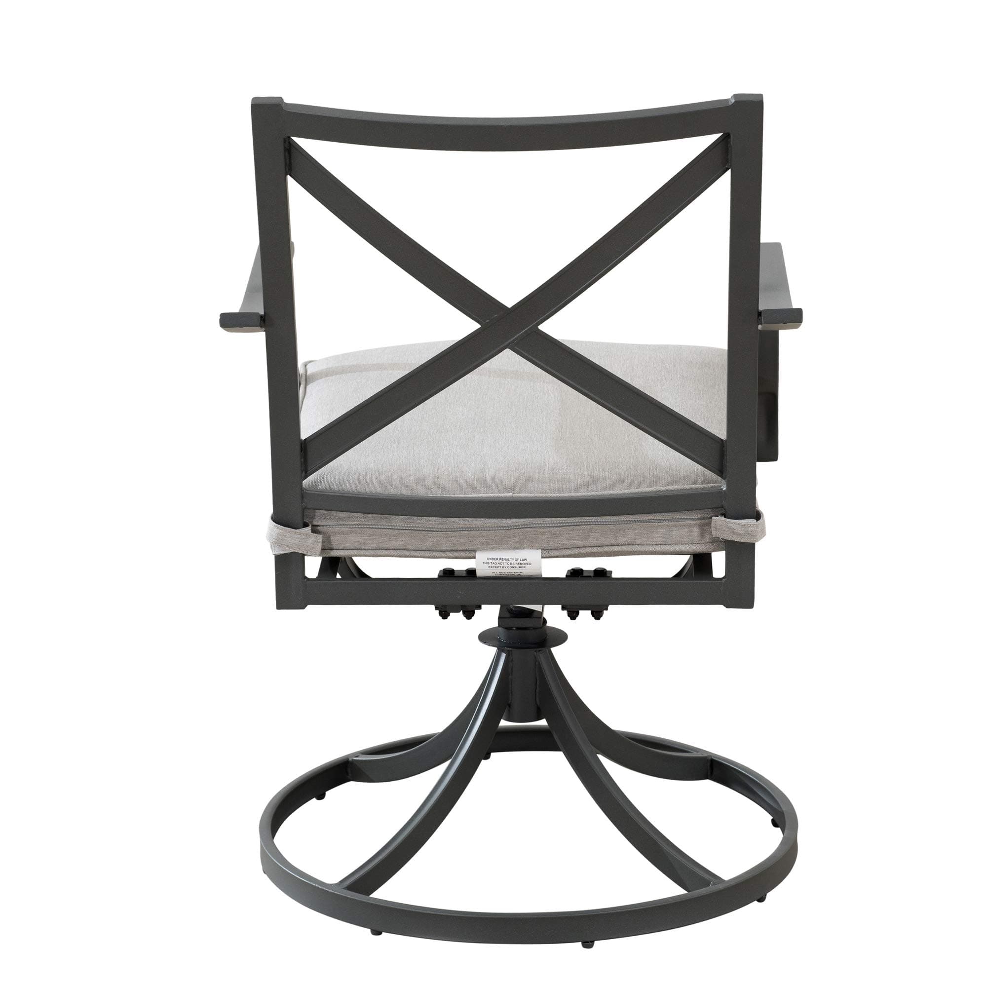 Ravenna Home Archer Steel-Framed Outdoor Patio Swivel Dining Chairs, Set of 2, 35"H, Gray — rear view of swivel base and crossed back.