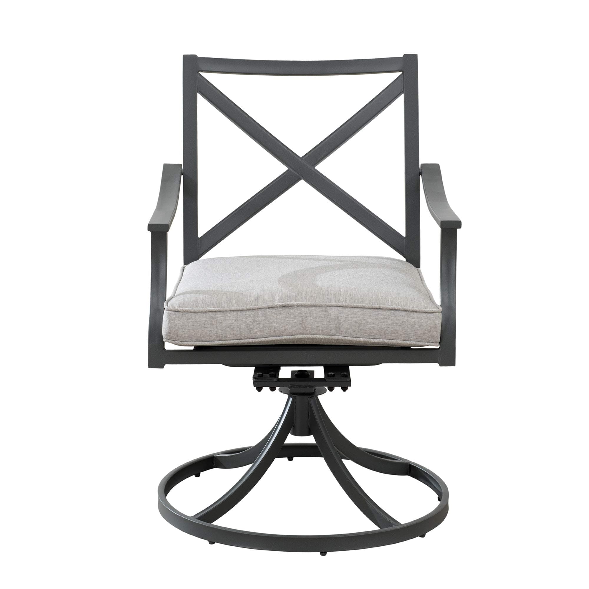 Ravenna Home Archer Steel-Framed Outdoor Patio Swivel Dining Chairs, Set of 2, 35"H, Gray — straight-on view of cushioned swivel chair.