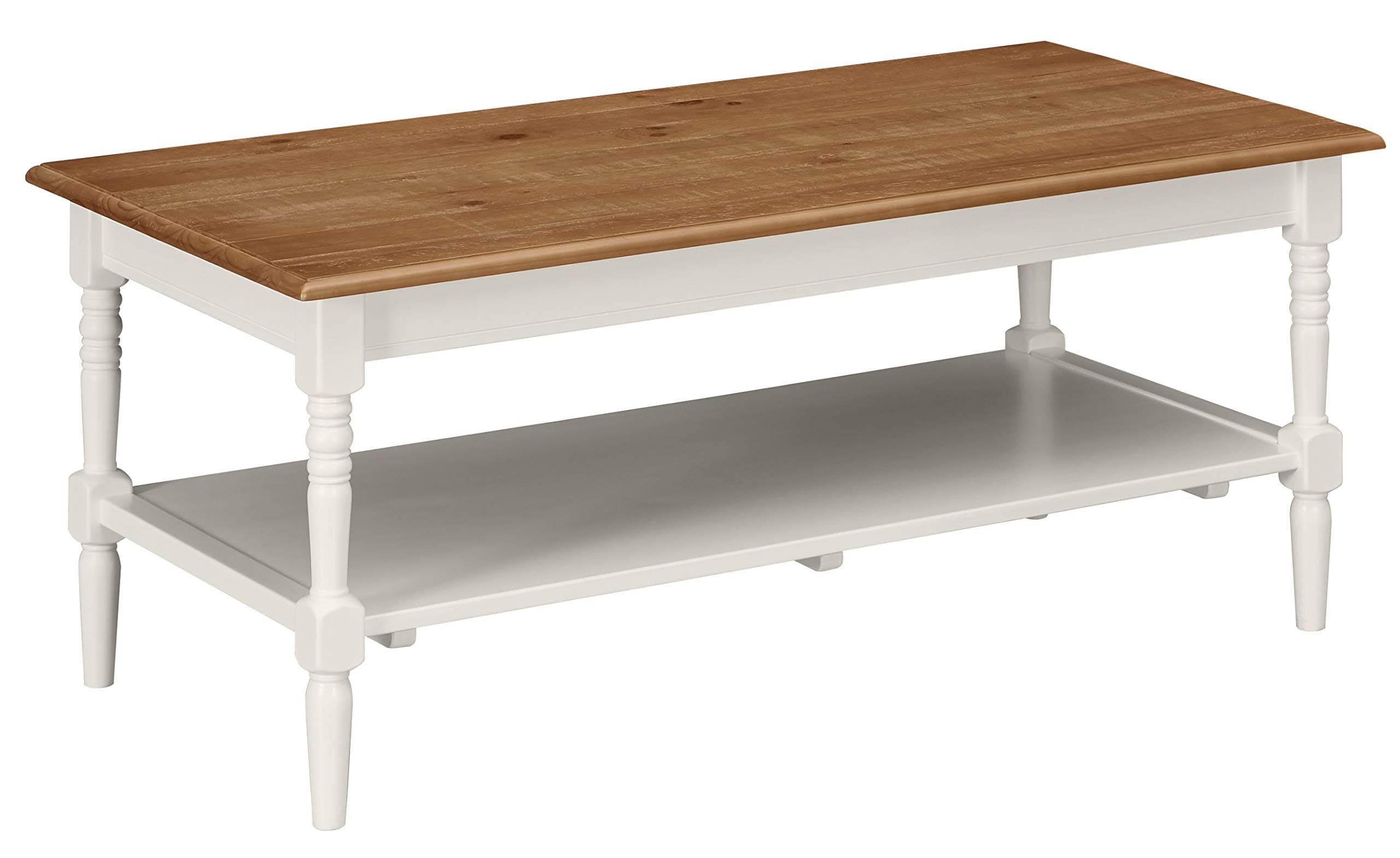 Ravenna Home Amber Rustic Farmhouse Shelf Coffee Table Natural and White — Rustic White, front three-quarter view