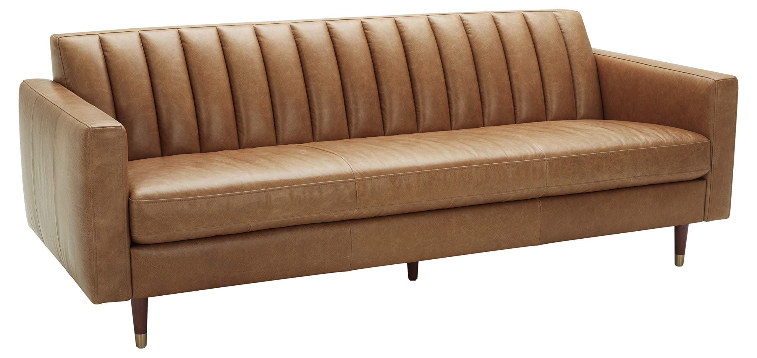 Rivet Damien Mid-Century Modern Channel-Backed Sofa Leather, Cognac — Cognac, front three-quarter view
