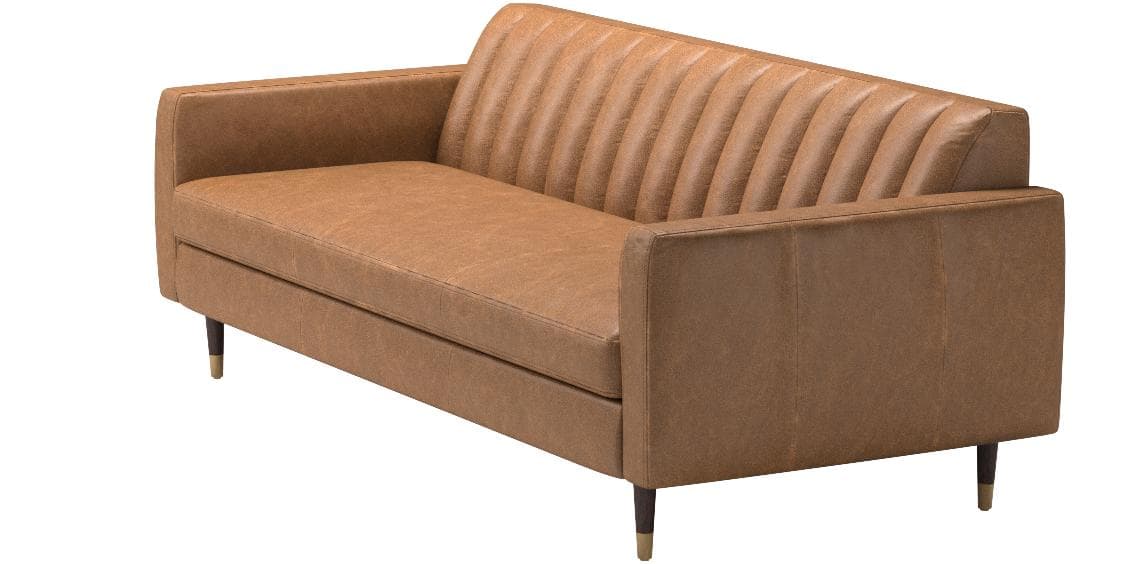 Rivet Damien Mid-Century Modern Channel-Backed Sofa Leather, Cognac — Cognac, alternate front view