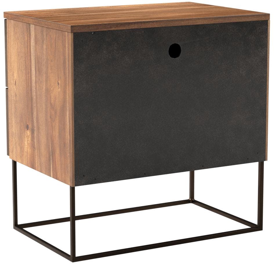 Rivet Modern Wood and Antique Mirror Panel Bedside Nightstand, Brass Finish, 24", Brown — Brown / Brass, rear view