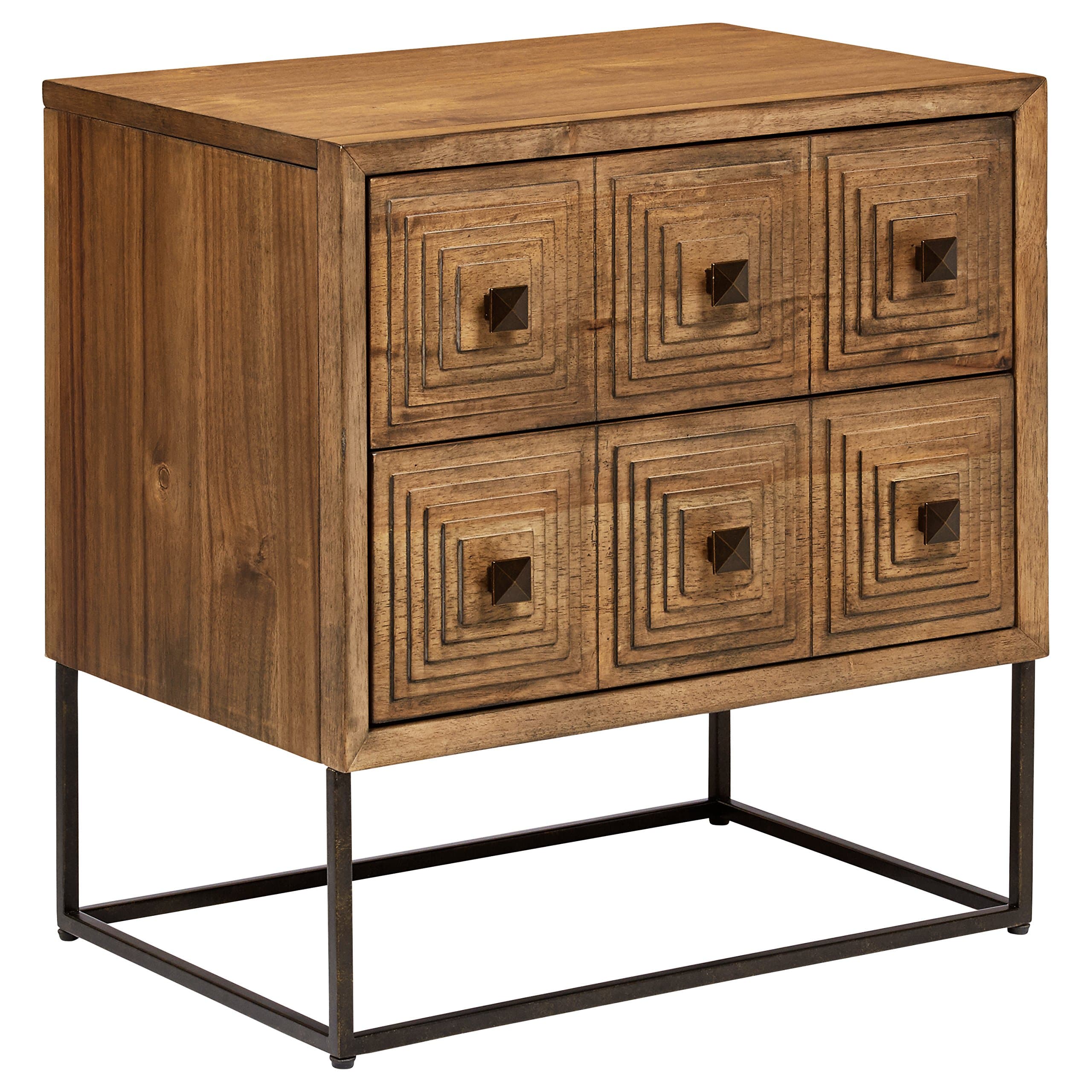 Rivet Mid-Century Modern Industrial Geometric Carved Wood Bedroom Nightstand, 24", Brown, Black Metal — Brown / Black, front three-quarter view