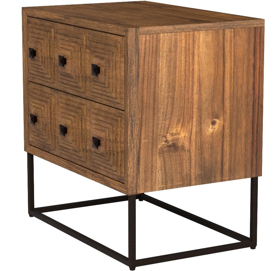 Rivet Mid-Century Modern Industrial Geometric Carved Wood Bedroom Nightstand, 24", Brown, Black Metal — Brown / Black, alternate front view