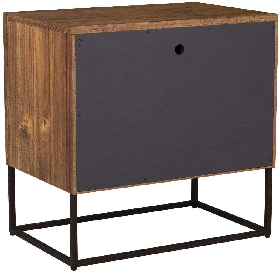 Rivet Mid-Century Modern Industrial Geometric Carved Wood Bedroom Nightstand, 24", Brown, Black Metal — Brown / Black, rear view