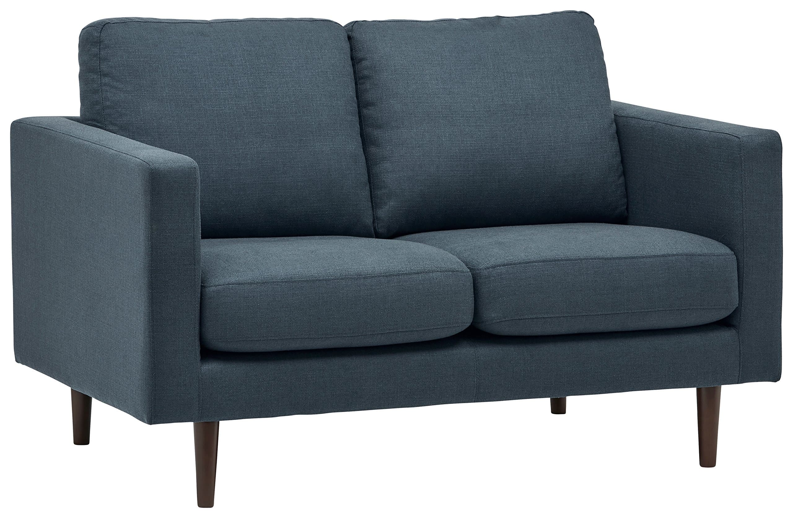 Rivet Revolve Modern Upholstered Loveseat Sofa Denim Blue — Denim, front three-quarter view