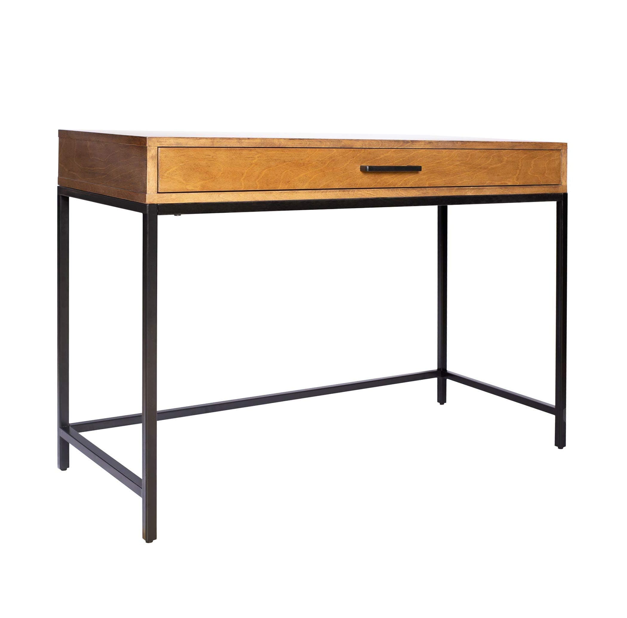 Rivet Avery Industrial Home Office Writing Desk with Metal Base Chestnut Brown Finish — Chestnut, front three-quarter view