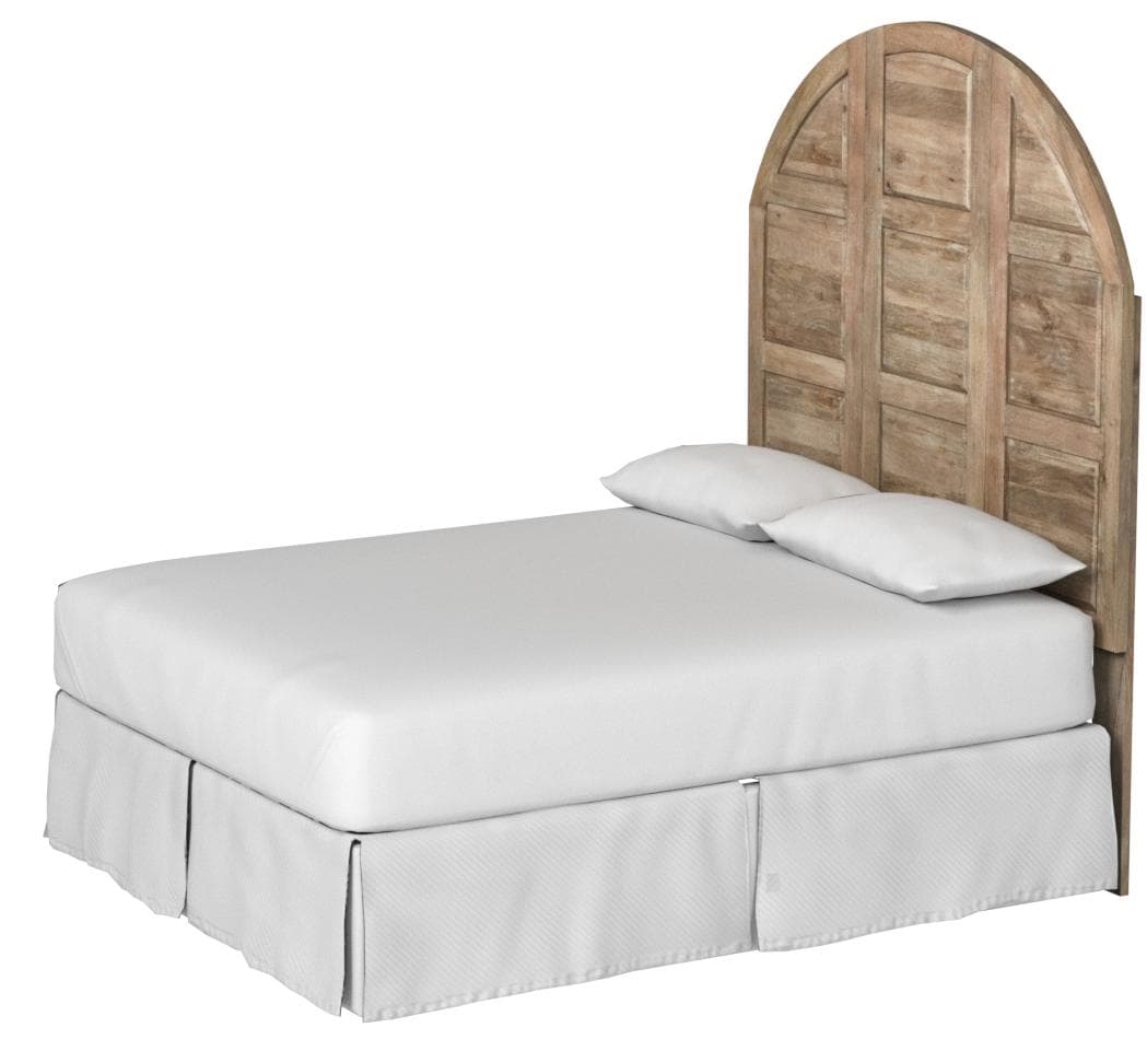 Stone & Beam Arced Rustic King Bed Headboard with Raised Panels - King, 79 Inch, New Whitewash — New Whitewash, alternate front view; mattress and bedding shown for styling