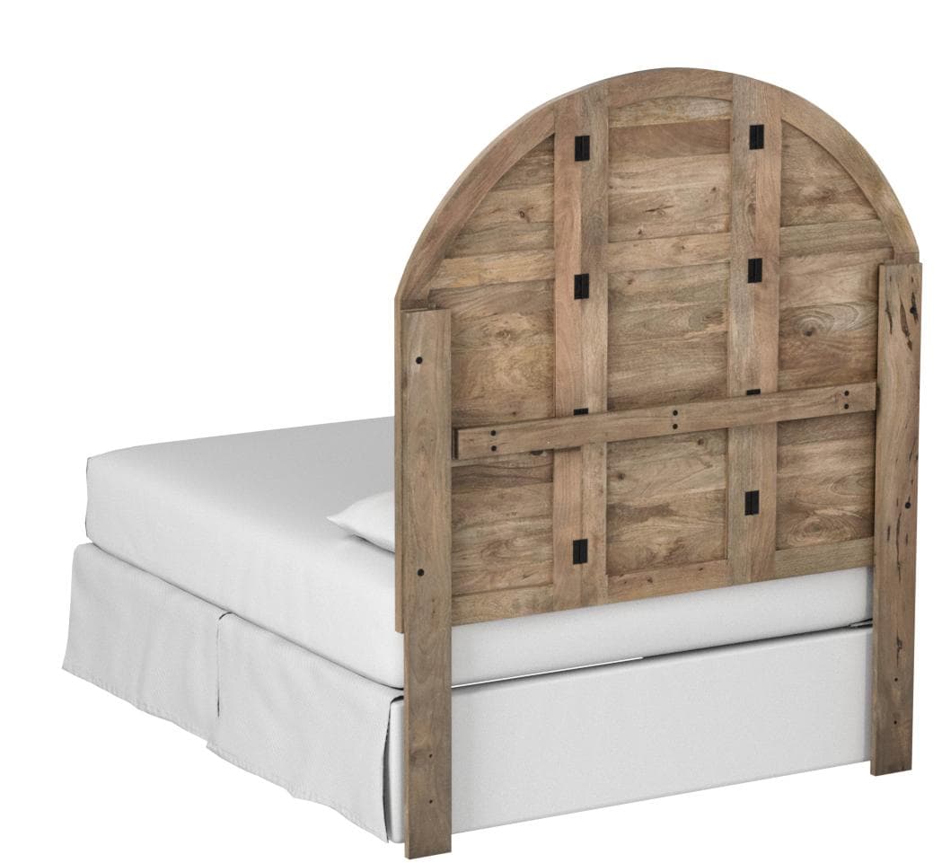 Stone & Beam Arced Rustic King Bed Headboard with Raised Panels - King, 79 Inch, New Whitewash — New Whitewash, rear view; mattress and bedding shown for styling