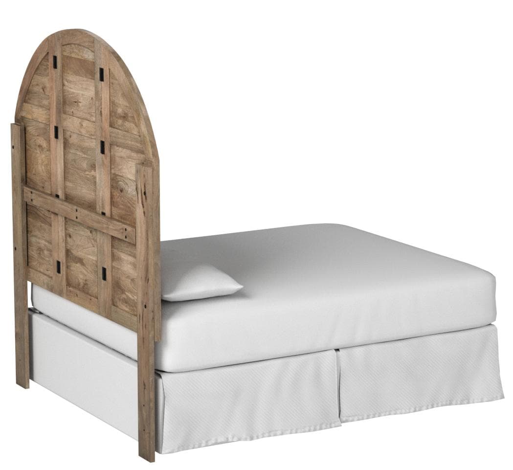 Stone & Beam Arced Rustic King Bed Headboard with Raised Panels - King, 79 Inch, New Whitewash — New Whitewash, opposite rear view; mattress and bedding shown for styling