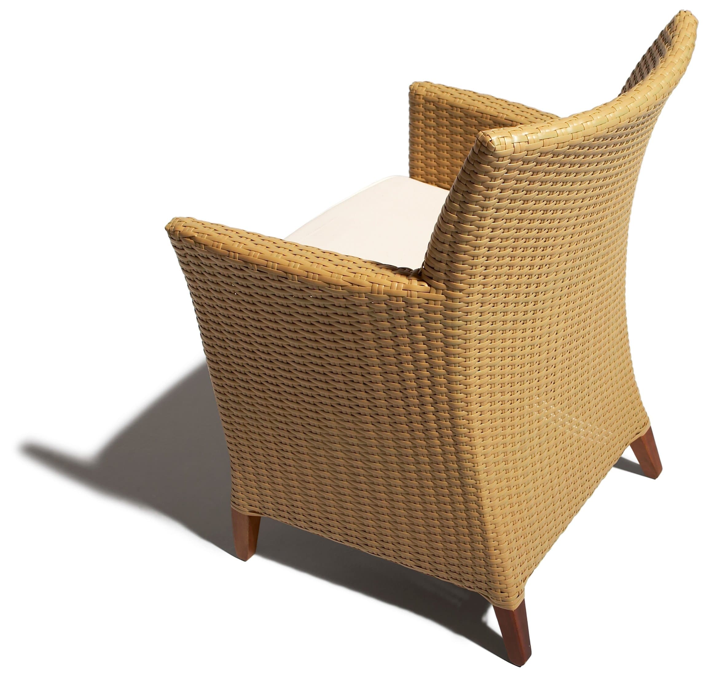 Strathwood Cypress All-Weather Wicker Bistro Chair, Honey — back of chair and wooden feet.