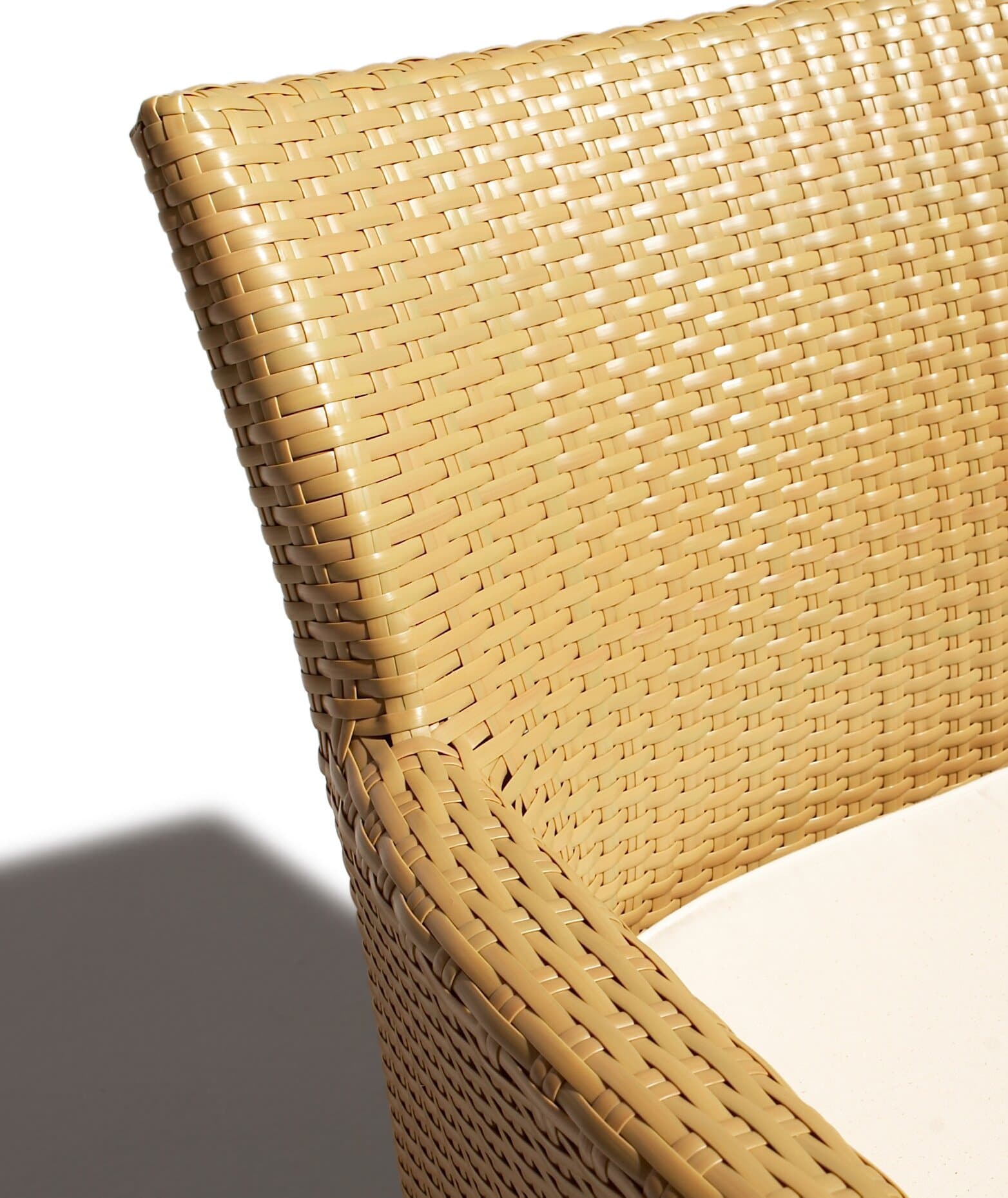 Strathwood Cypress All-Weather Wicker Bistro Chair, Honey — close view of wicker back and cushion.