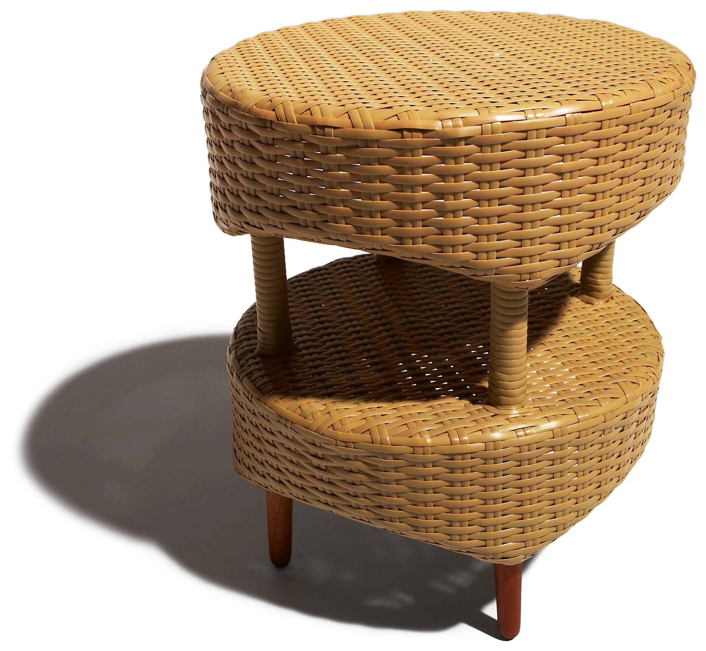 Strathwood Cypress All-Weather Wicker Bistro Table, Honey — round two-tier table at an angle.