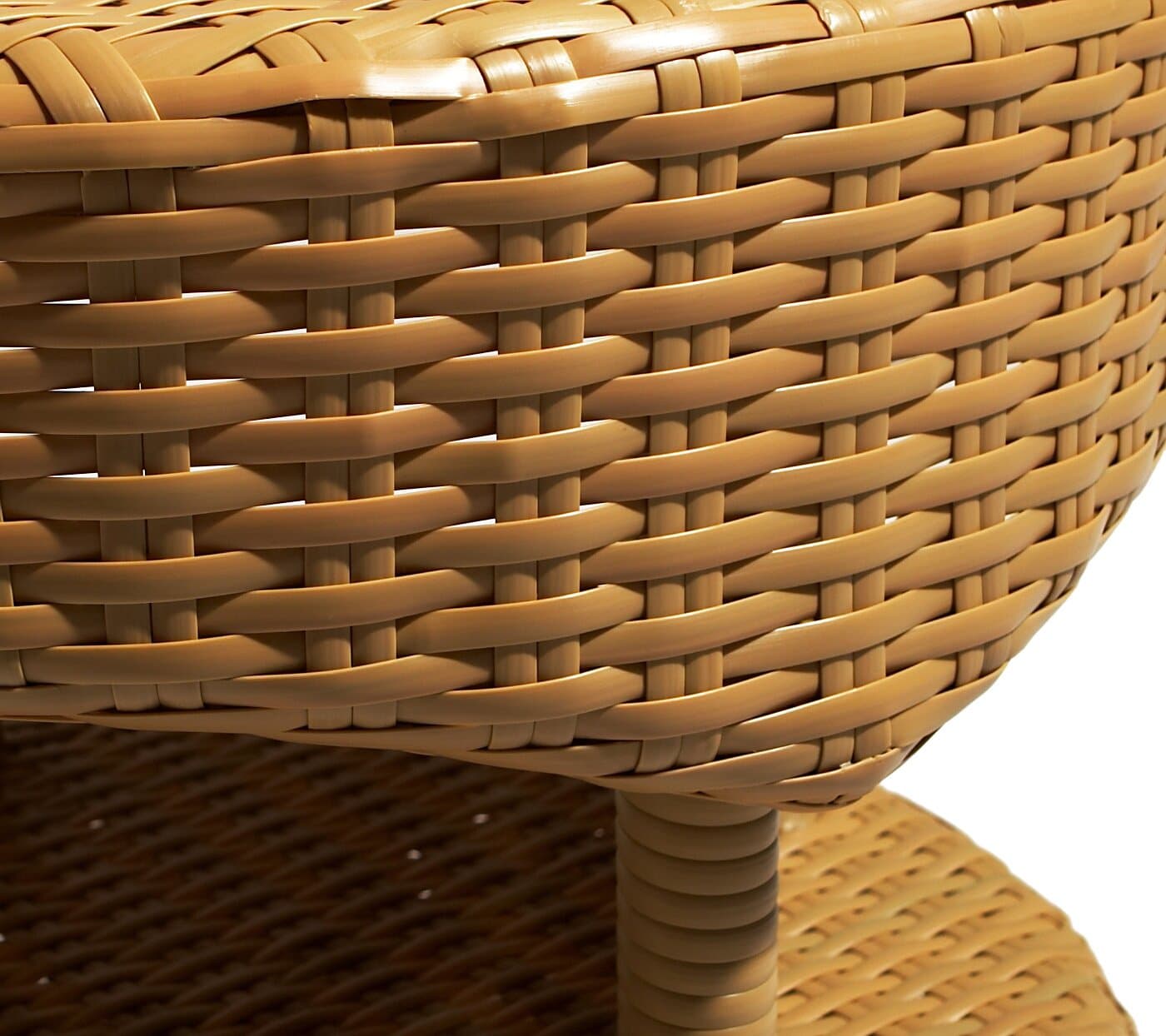 Strathwood Cypress All-Weather Wicker Bistro Table, Honey — lower tabletop and wicker side detail.