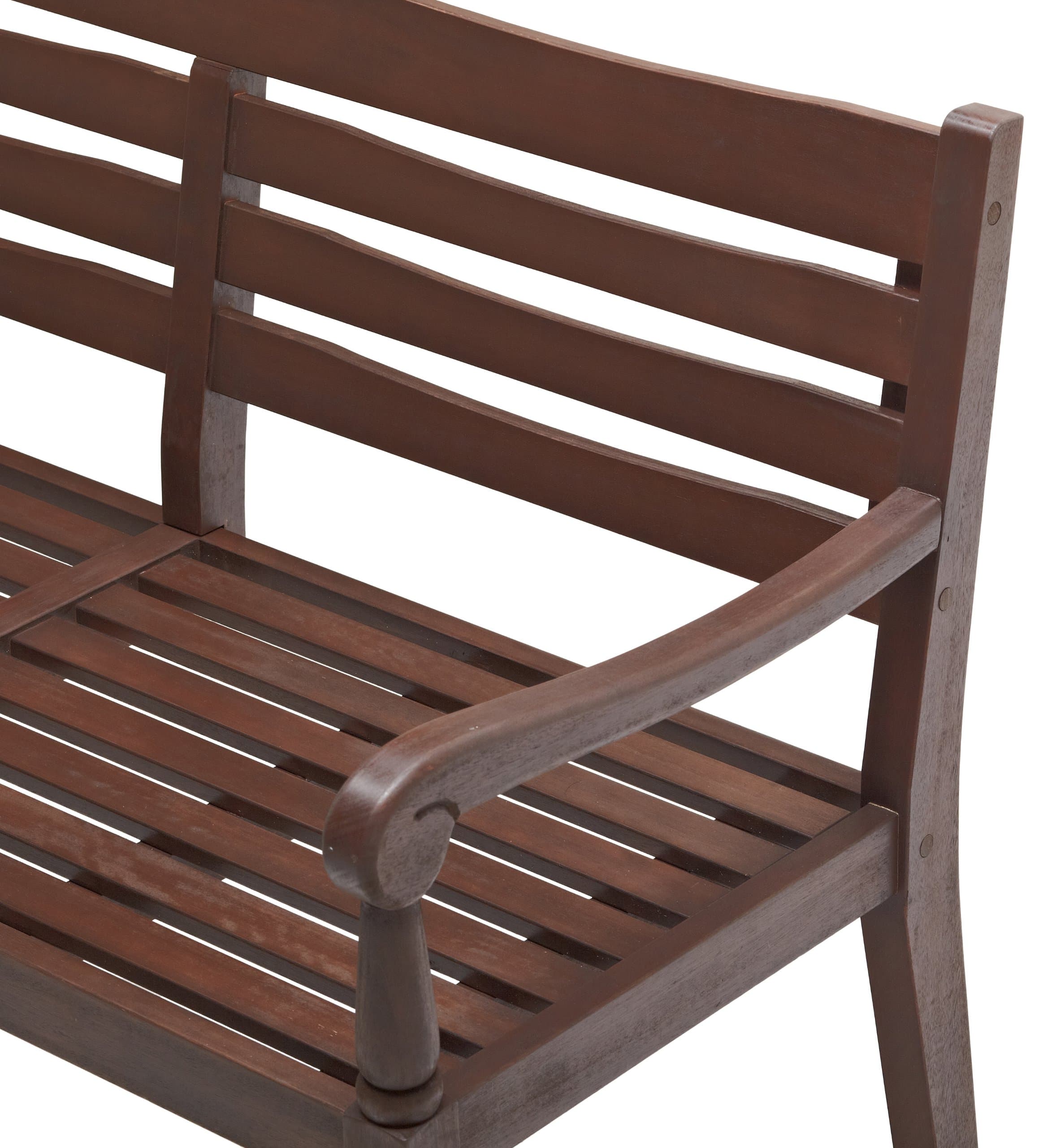 Strathwood Redonda Hardwood 2-Seater Bench, Dark Brown — close view of back and armrest.
