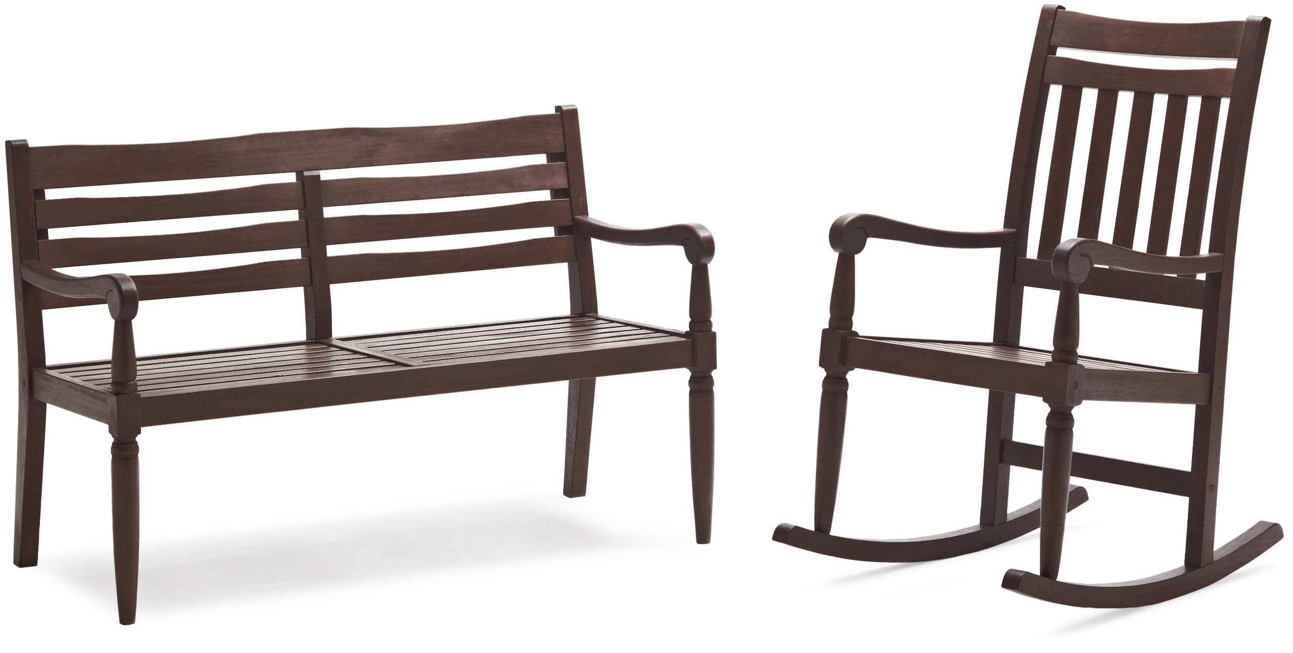 Strathwood Redonda Hardwood 2-Seater Bench, Dark Brown — bench beside matching rocker; rocker sold separately.