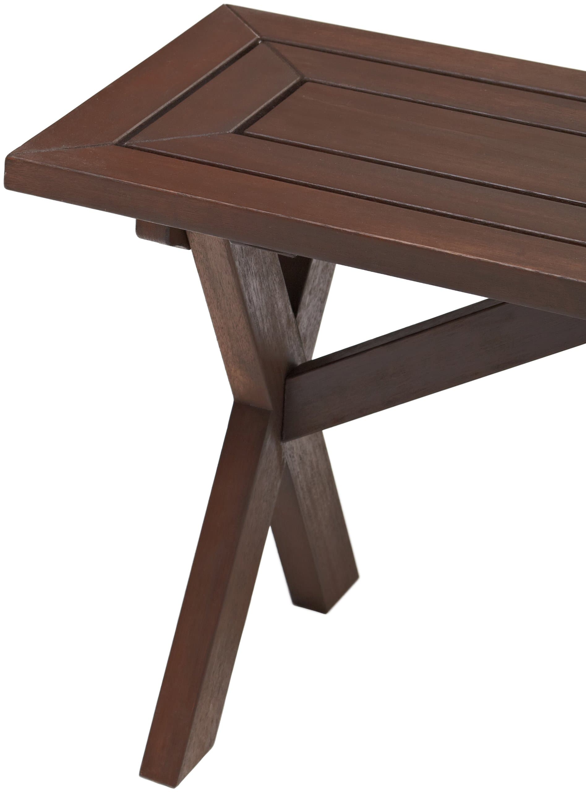 Strathwood Basics Picnic Table Bench, Set of 2 — close view of bench end and crossed legs.