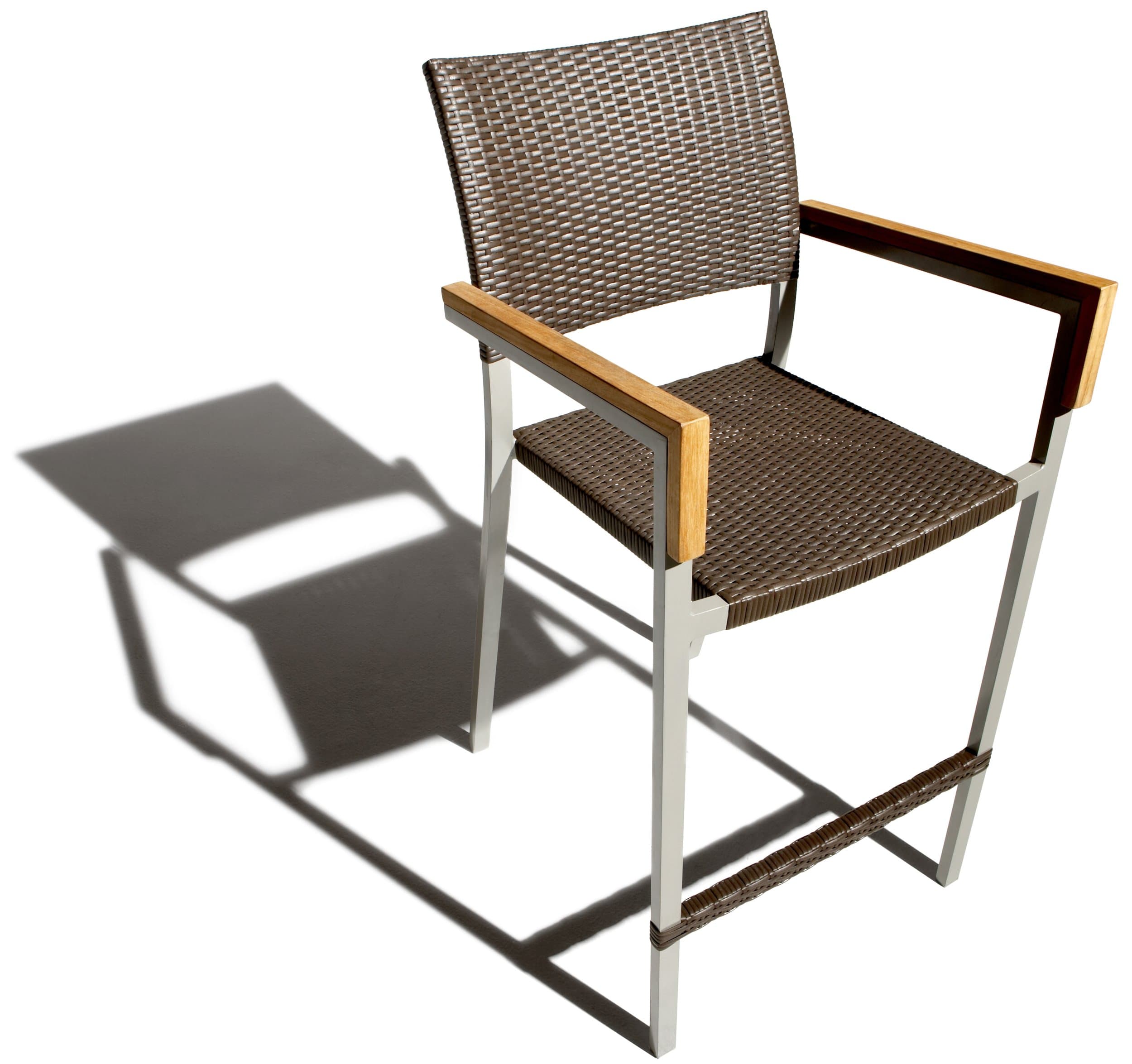 Camano bar chair angled front view showing teak armrest overlays