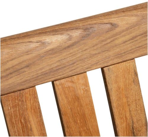 Strathwood Blake Lounge 2-Seater Bench — close view of the teak back rail.