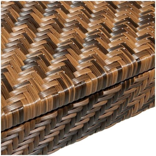Strathwood Lanai Dining All-Weather Wicker Table — close view of two-tone wicker tabletop.
