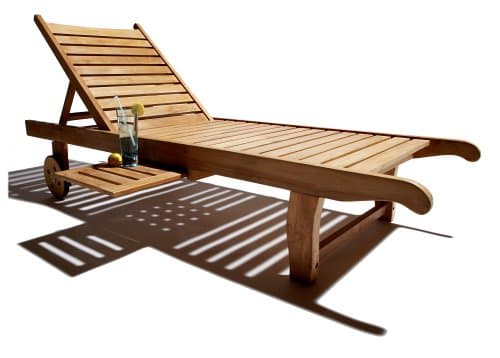 Strathwood Teak Chaise Lounge With Side Table — chaise with raised back and side tray.