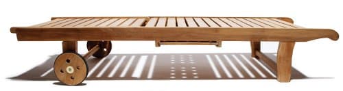 Strathwood Teak Chaise Lounge With Side Table — chaise with back lowered flat.