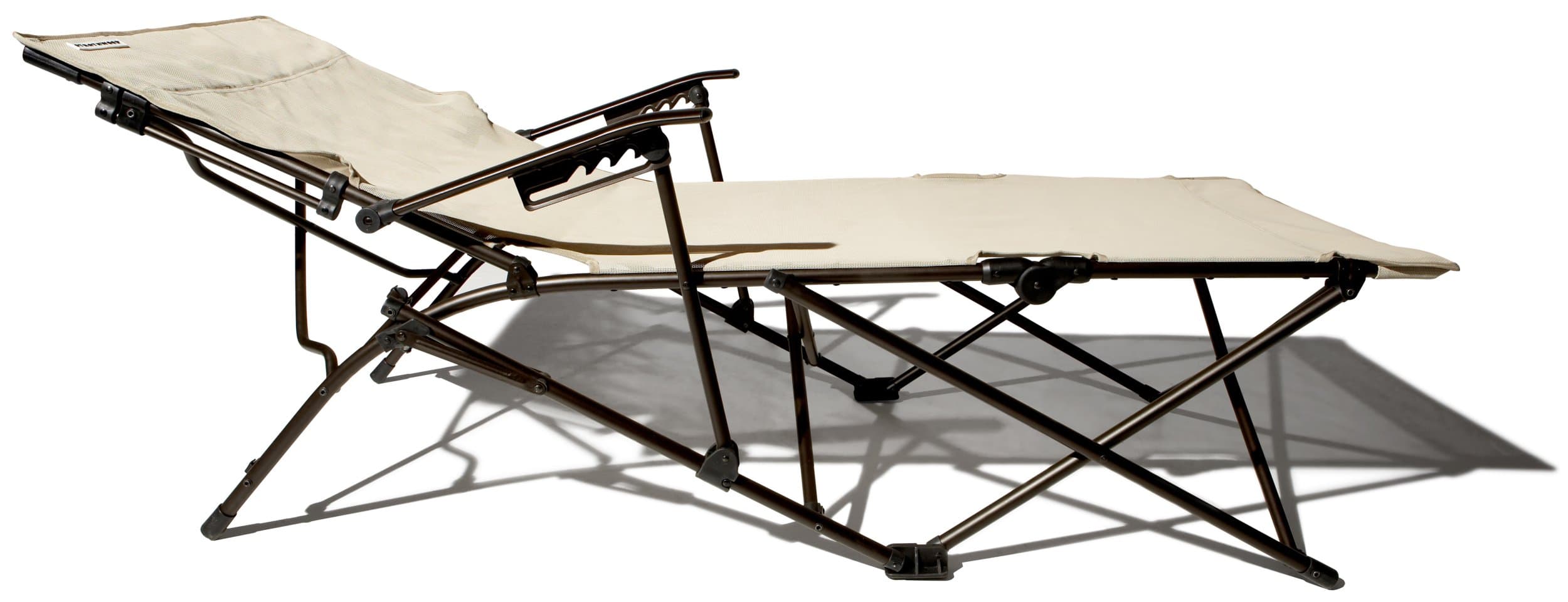 Strathwood Foldable Multi-Position Lounge Chair with Carry Bag — chair lowered flat in profile.