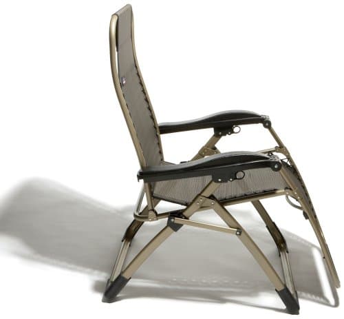 Strathwood Deluxe Anti-Gravity Recliner in profile while upright