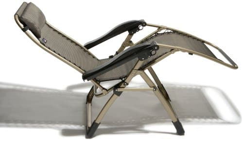 Strathwood Deluxe Anti-Gravity Recliner with its back lowered and leg support extended
