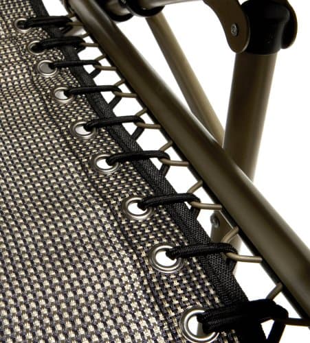 Close view of the chair's Textilene sling and bungee suspension attachment