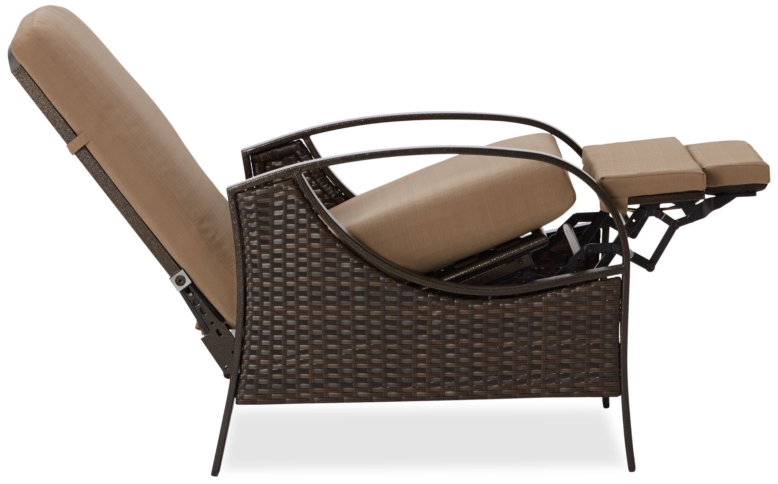 Strathwood All-Weather Wicker Deep Seating Outdoor Recliner — fully reclined side view.