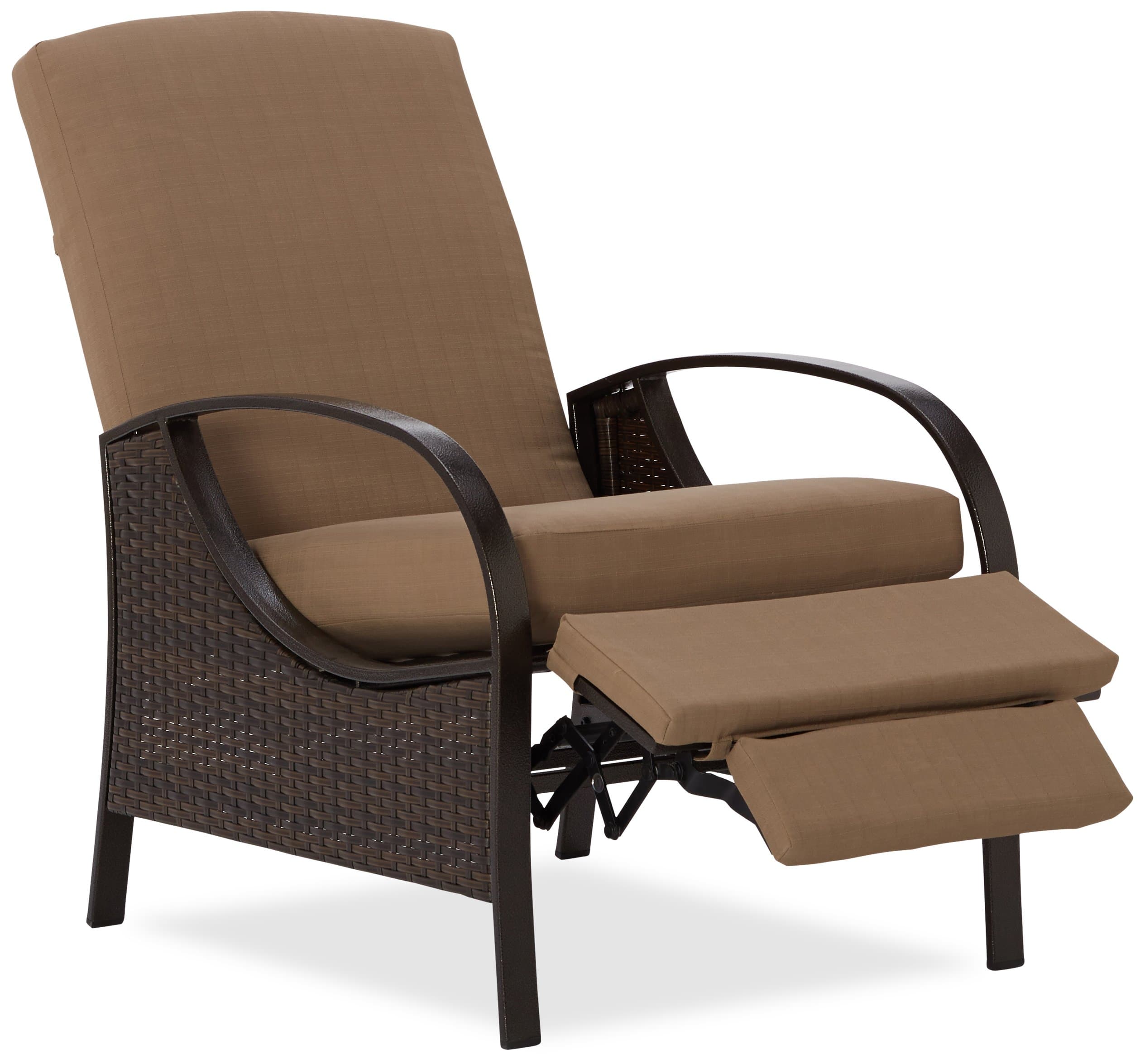 Strathwood All-Weather Wicker Deep Seating Outdoor Recliner — partly extended leg support.