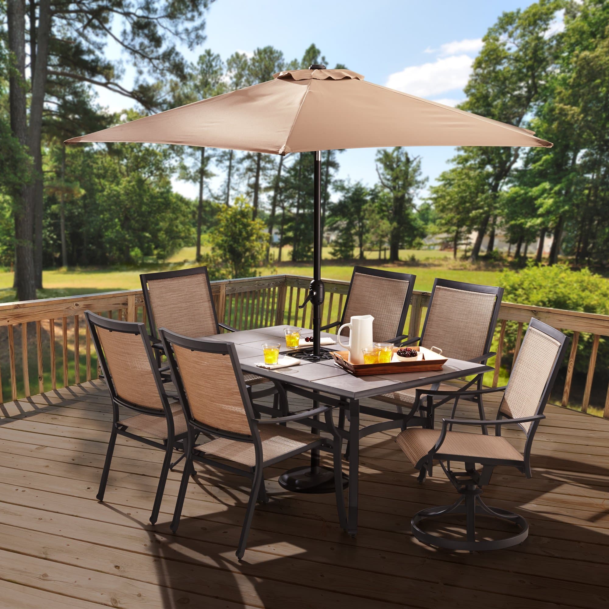 Strathwood Barnes Ceramic and Aluminum Rectangular Dining Table — table in an outdoor dining arrangement; chairs and umbrella sold separately.