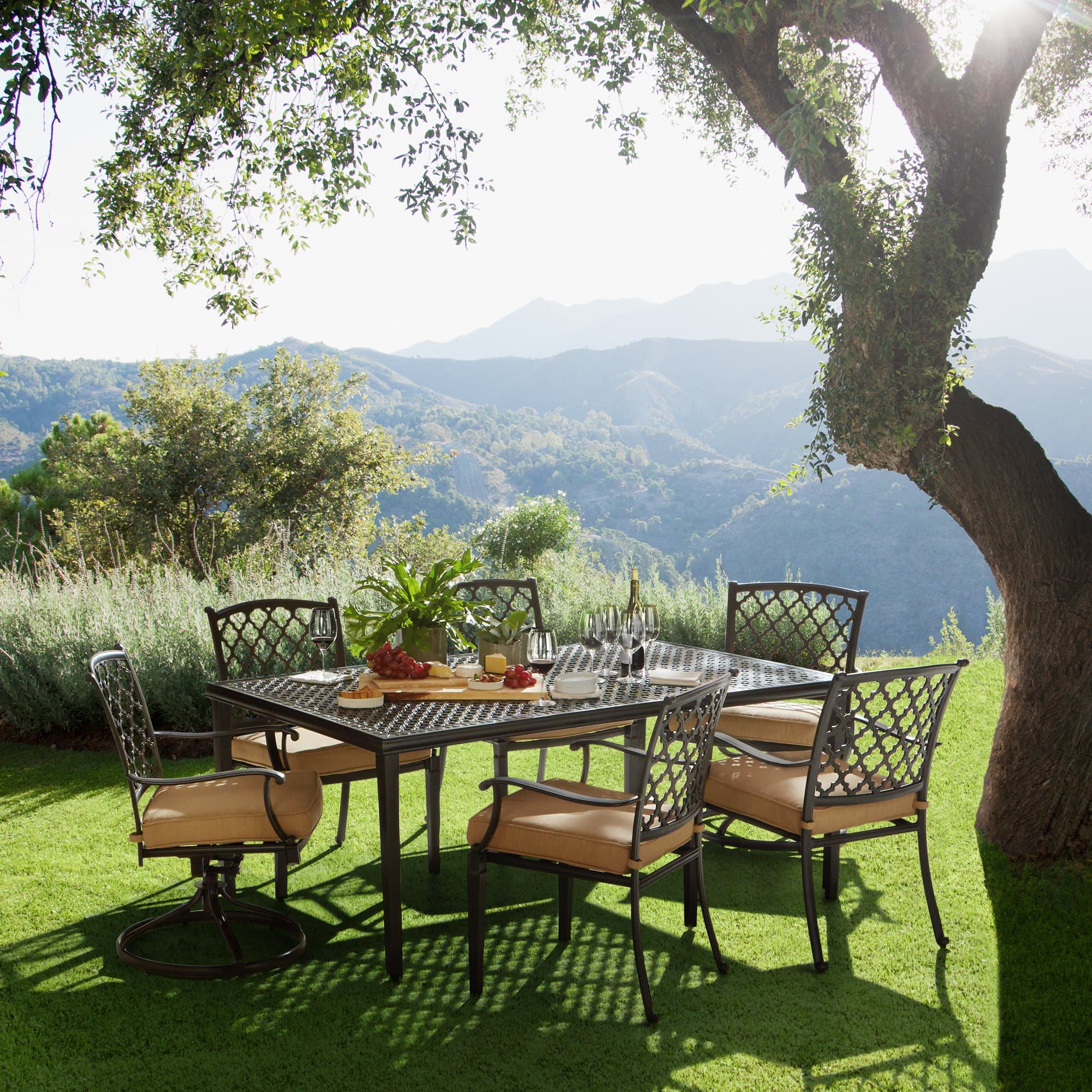 Strathwood Whidbey Cast-Aluminum Rectangular Dining Table — rectangular table in an outdoor dining arrangement; chairs sold separately.