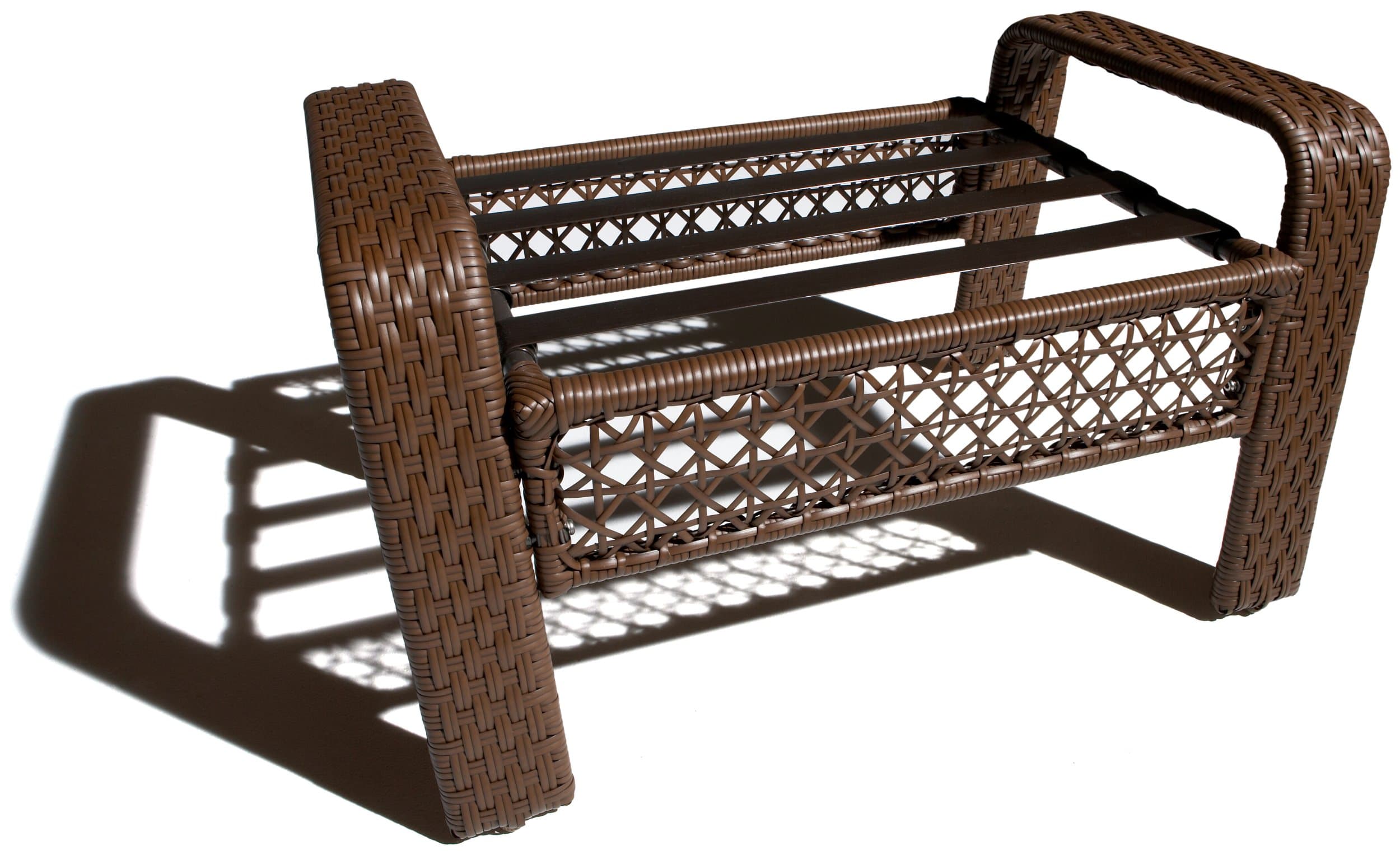 Strathwood Anacapa Resin Wicker Two-Seater Arm Chair and Ottoman Set — one included footrest with cushion removed.