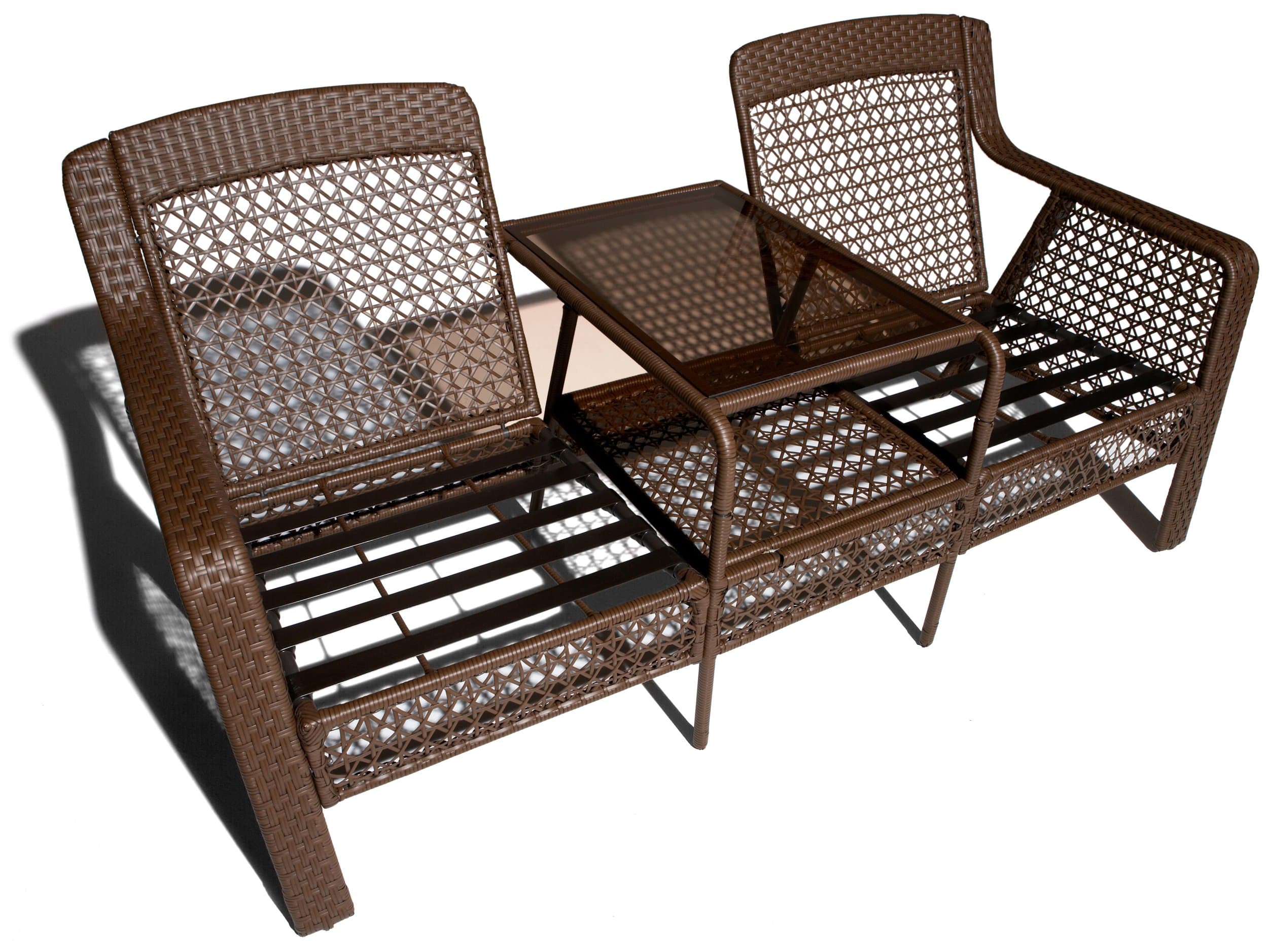 Strathwood Anacapa Resin Wicker Two-Seater Arm Chair and Ottoman Set — two-seat frame and glass center table with cushions removed.