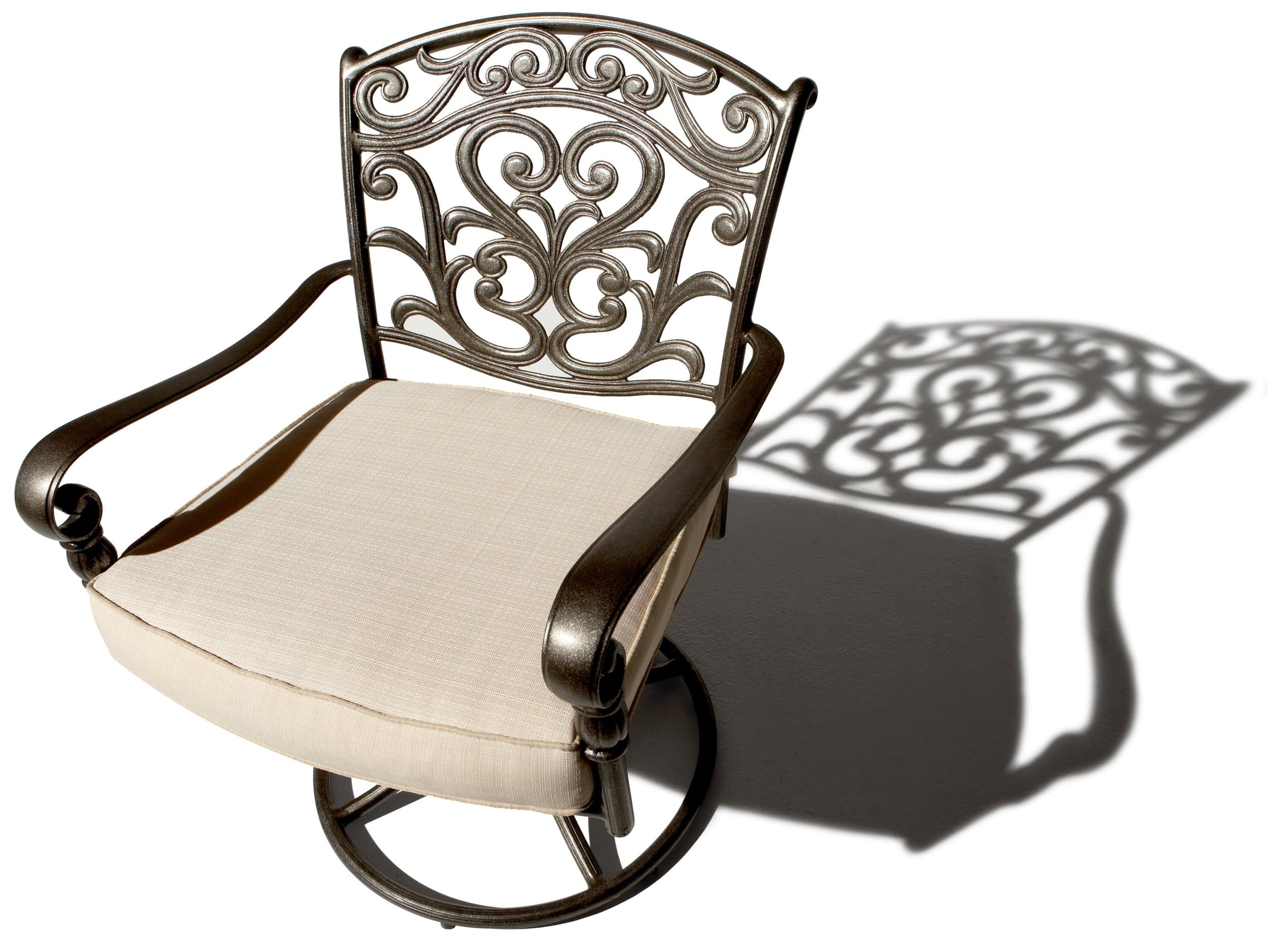 Strathwood St. Thomas Cast Aluminum Swivel Dining Arm Chair, Set of 2 — single cushioned chair at an angle.