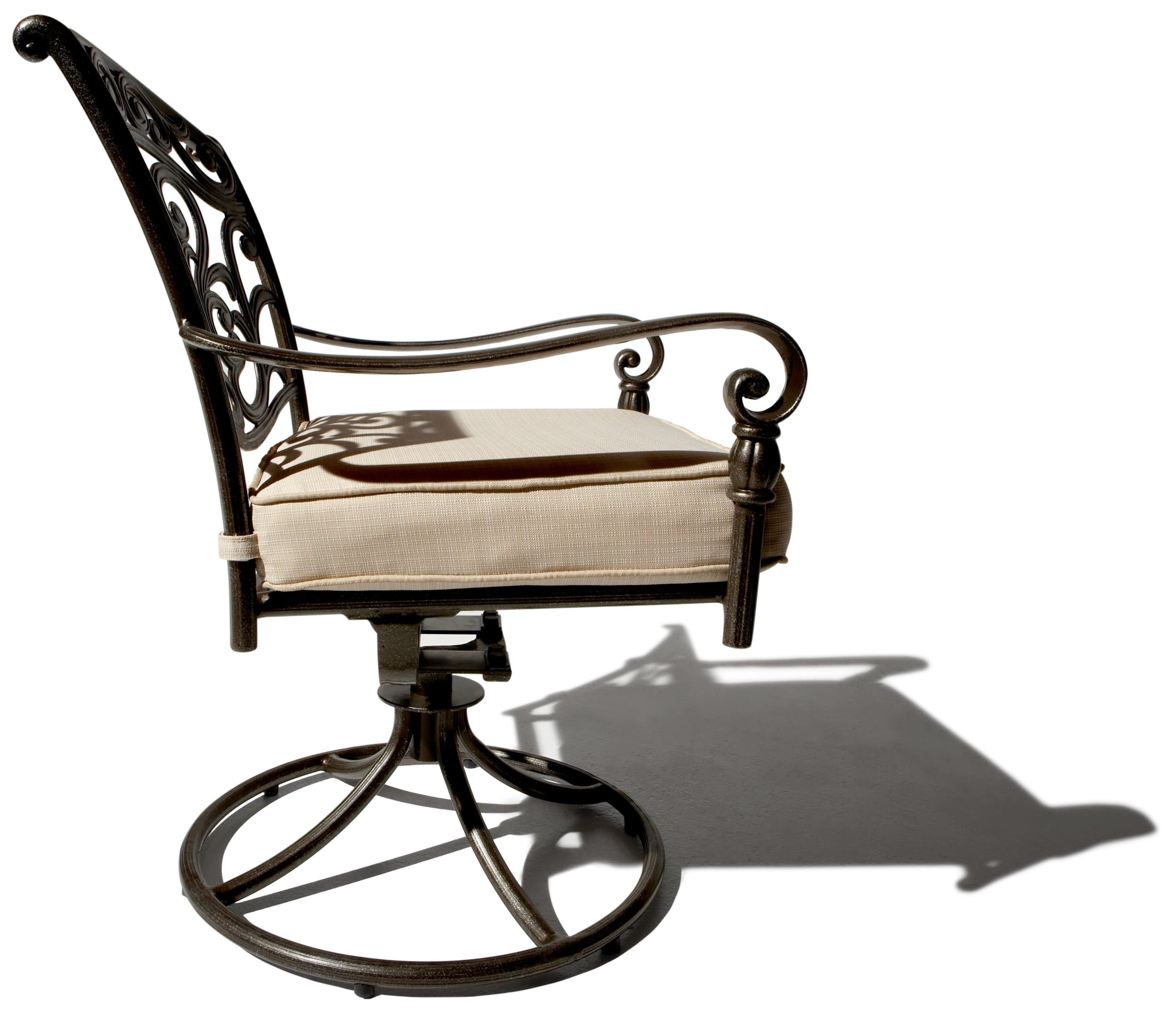 Strathwood St. Thomas Cast Aluminum Swivel Dining Arm Chair, Set of 2 — swivel chair in profile.