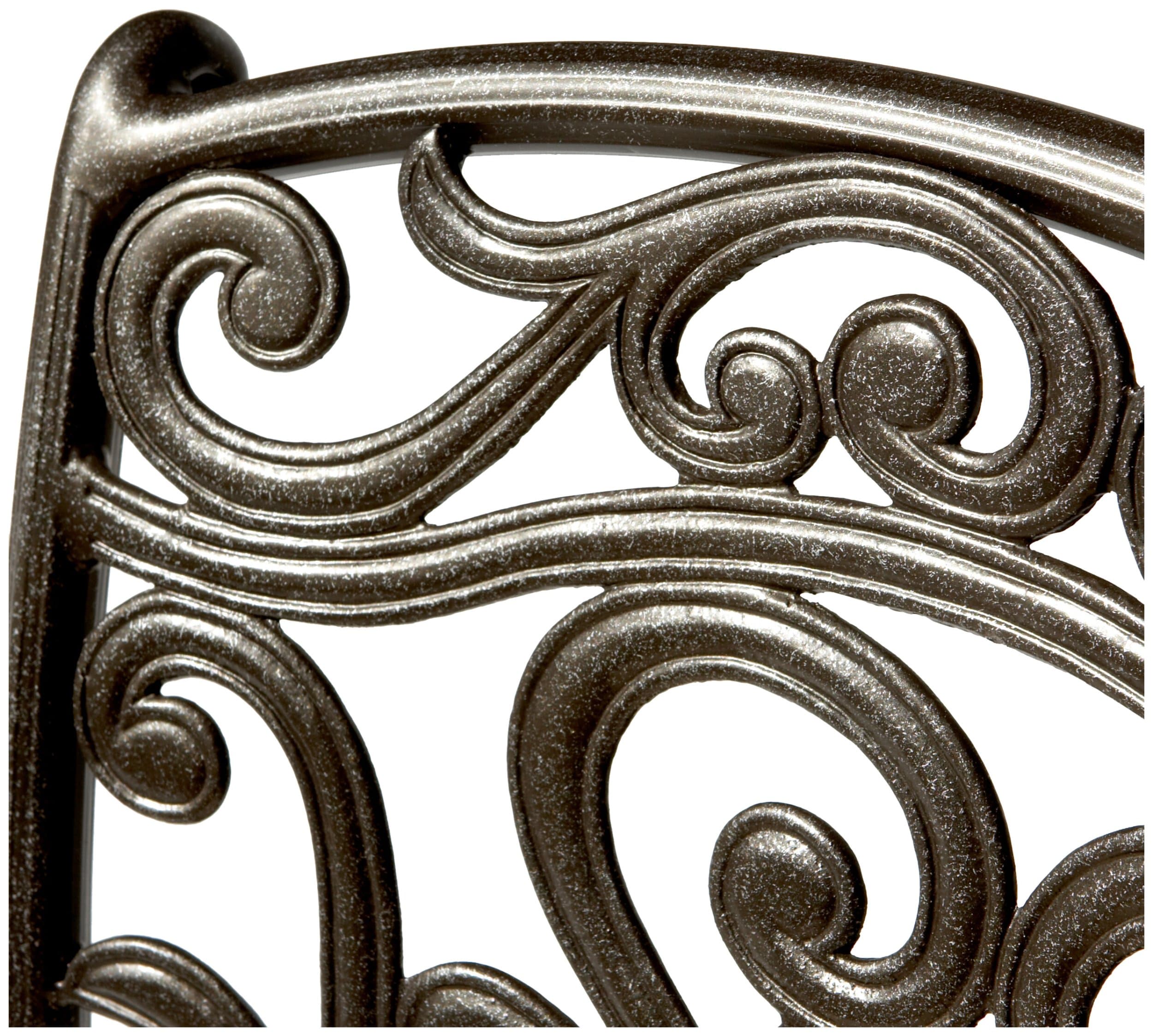 Strathwood St. Thomas Cast Aluminum Swivel Dining Arm Chair, Set of 2 — close view of ornamental chair back.