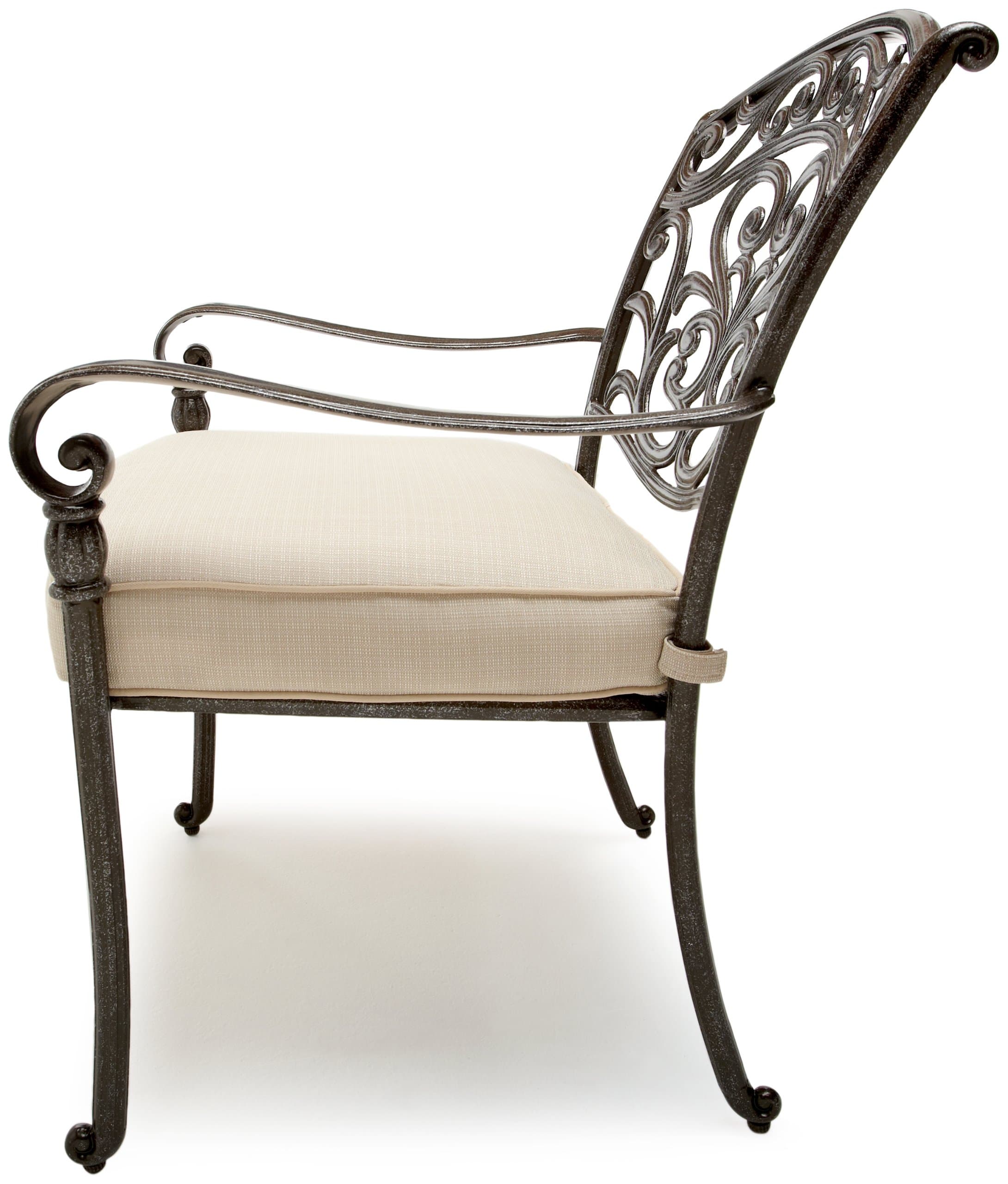 Strathwood St. Thomas Cast Aluminum Dining Arm Chair, Set of 2 — chair in profile.