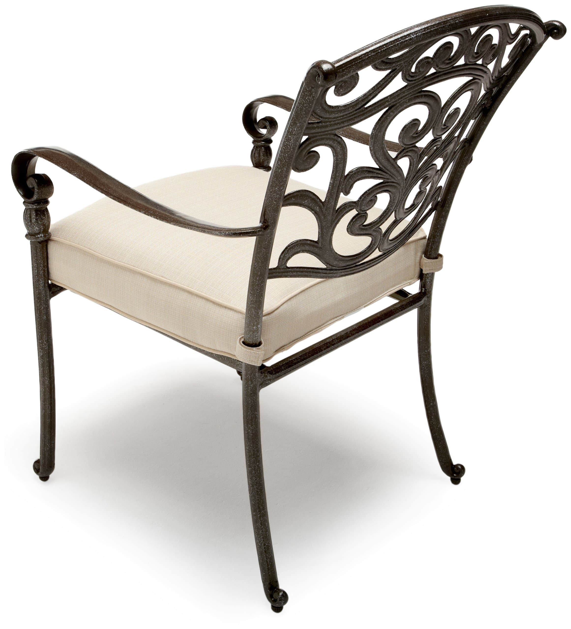 Strathwood St. Thomas Cast Aluminum Dining Arm Chair, Set of 2 — back of chair with cushion in place.