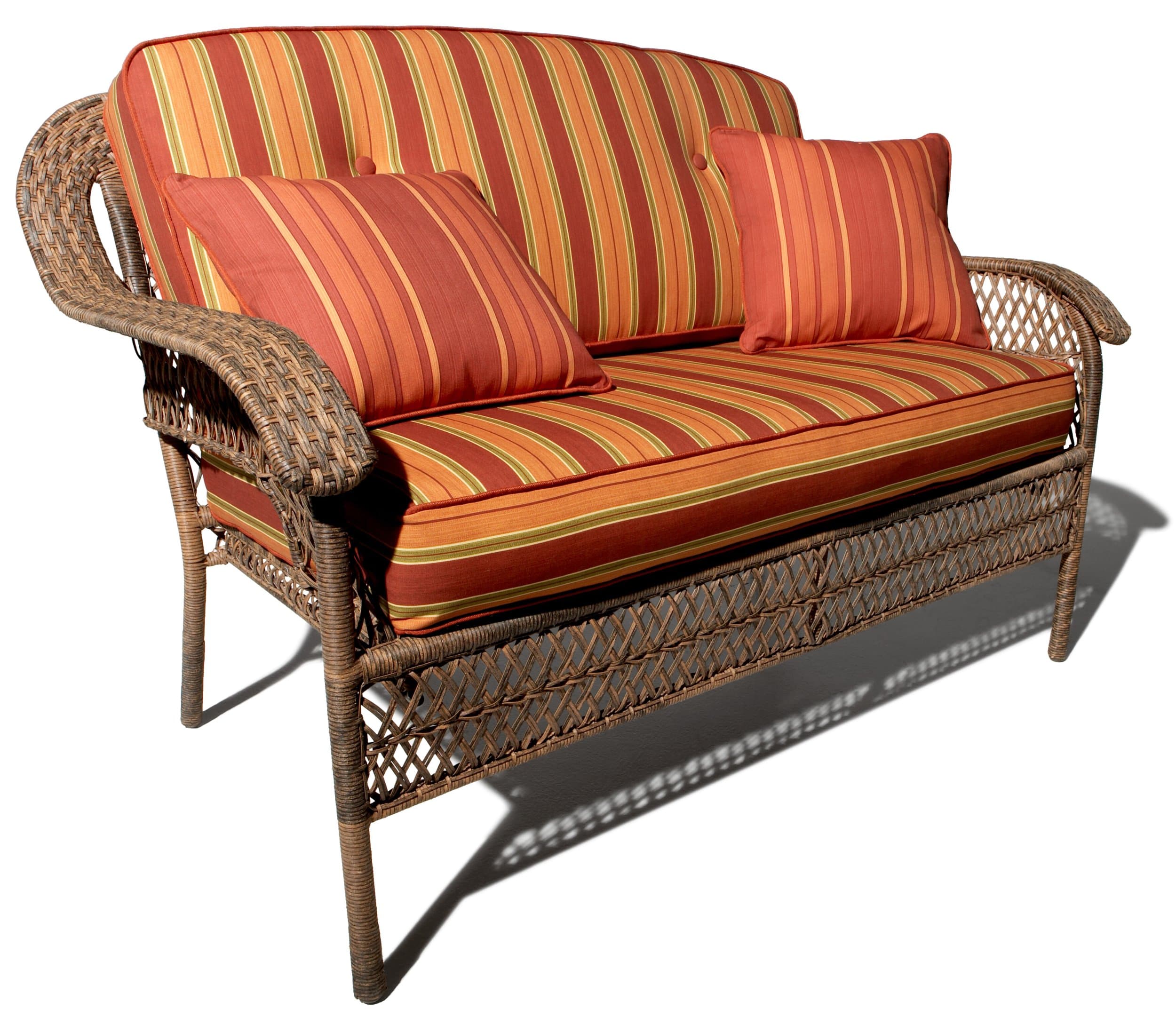 Strathwood All-Weather Cashmere Wicker 2-Seater Sofa — striped-cushion two-person sofa at an angle.