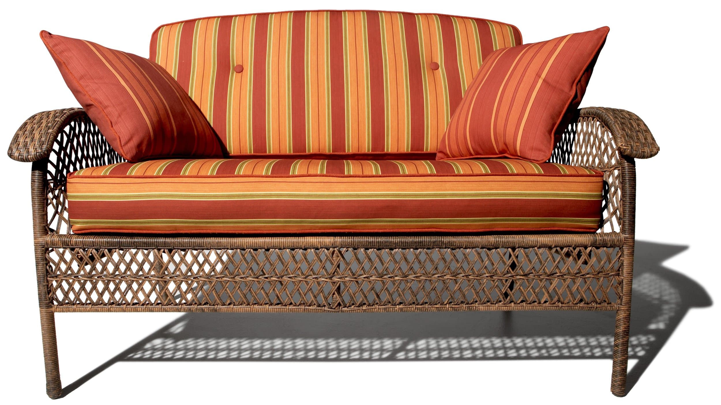 Strathwood All-Weather Cashmere Wicker 2-Seater Sofa — straight-on sofa with cushions and pillows.