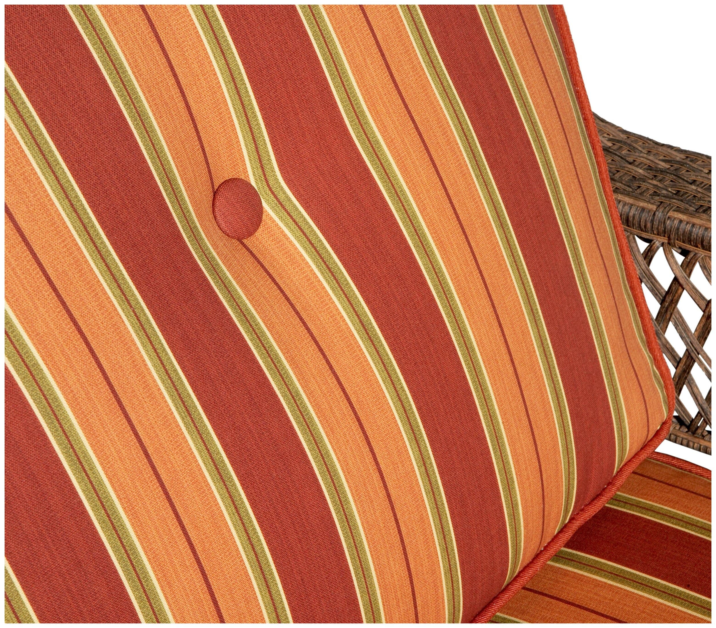 Strathwood All-Weather Cashmere Wicker 2-Seater Sofa — close view of striped upholstery and cushion button.
