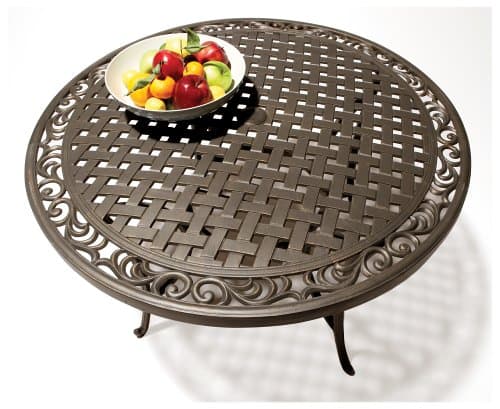 Strathwood Bainbridge Cast Aluminum Round Table — tabletop from above; fruit bowl not included.