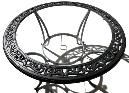 Strathwood Ryer 48-Inch Round Aluminum Dining Table — glass tabletop viewed from above.