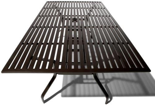 Strathwood Falkner 72-Inch Dining Table with Umbrella Hole — table viewed from its narrow end.