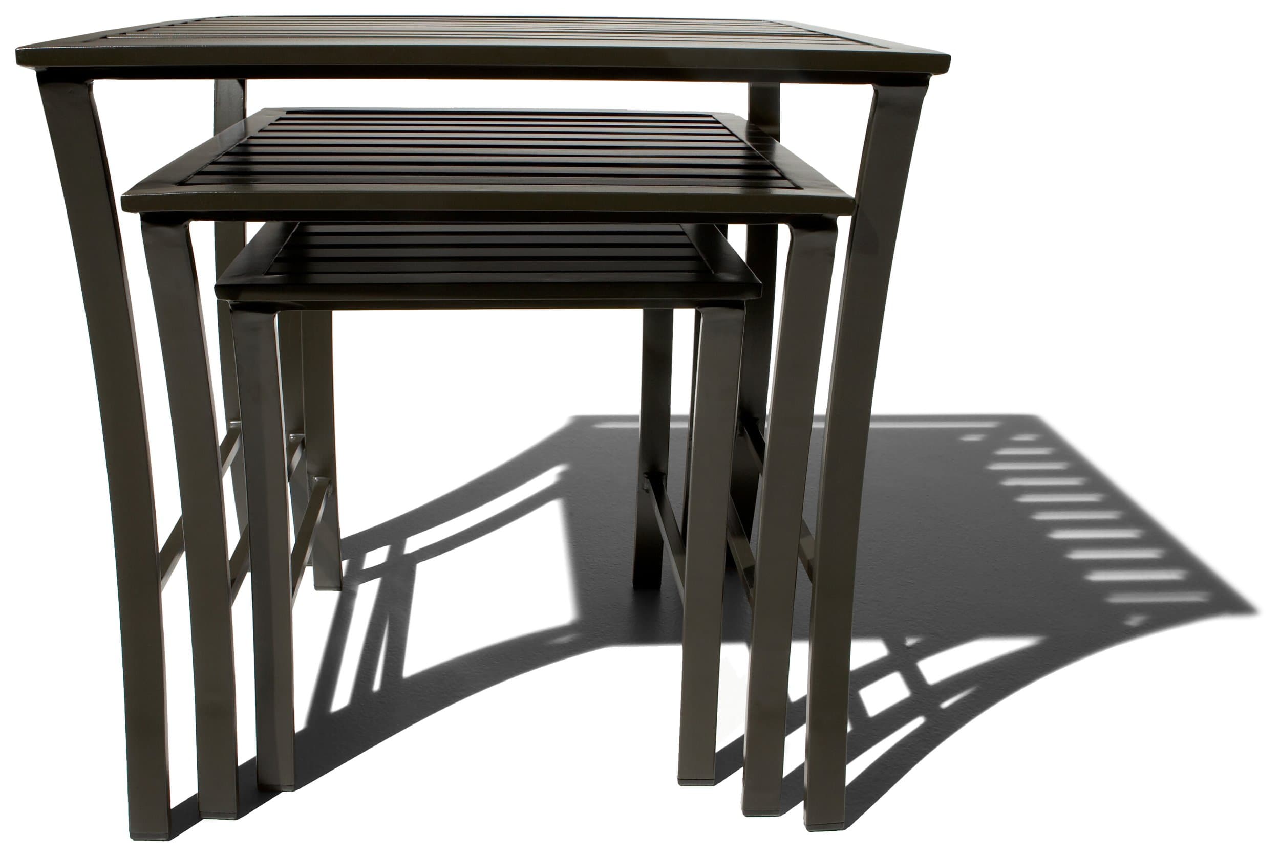 All three Strathwood nesting tables stored together, front view